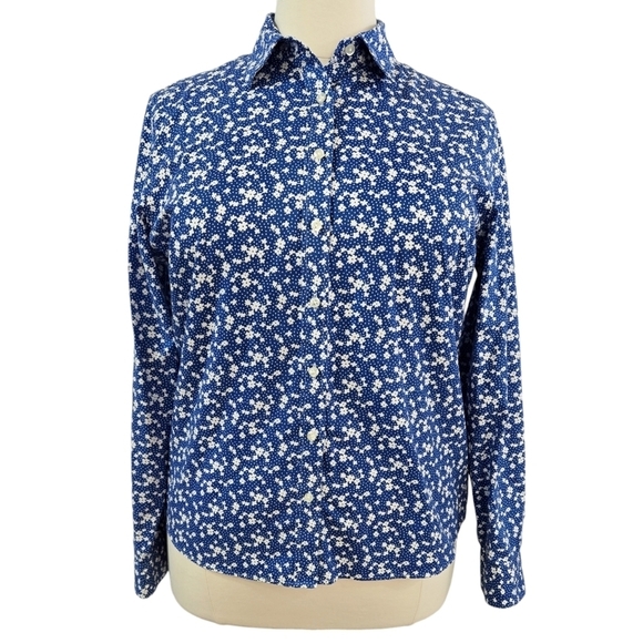 Land's End 100% Cotton No Iron Pinpoint Oxford Blue Floral Button-Up Shirt Ditsy - Picture 1 of 9